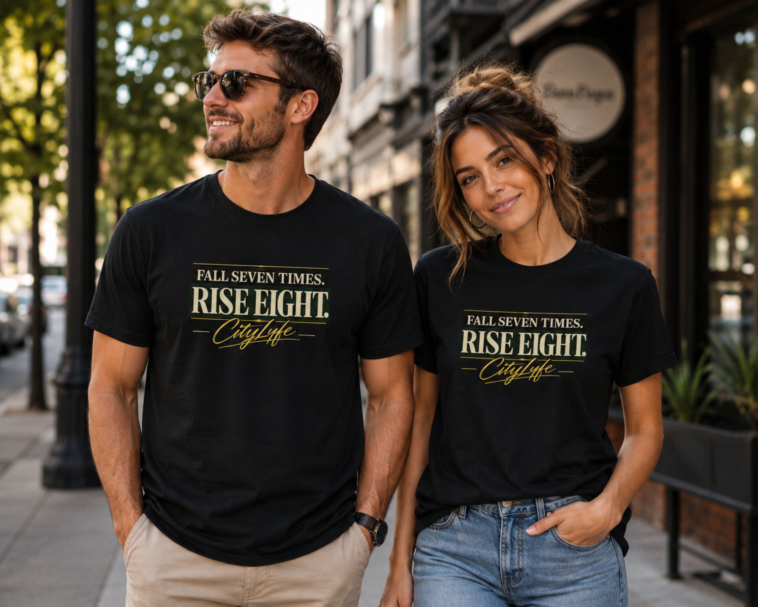 Two people wearing black t-shirts with a motivational quote on a city street.