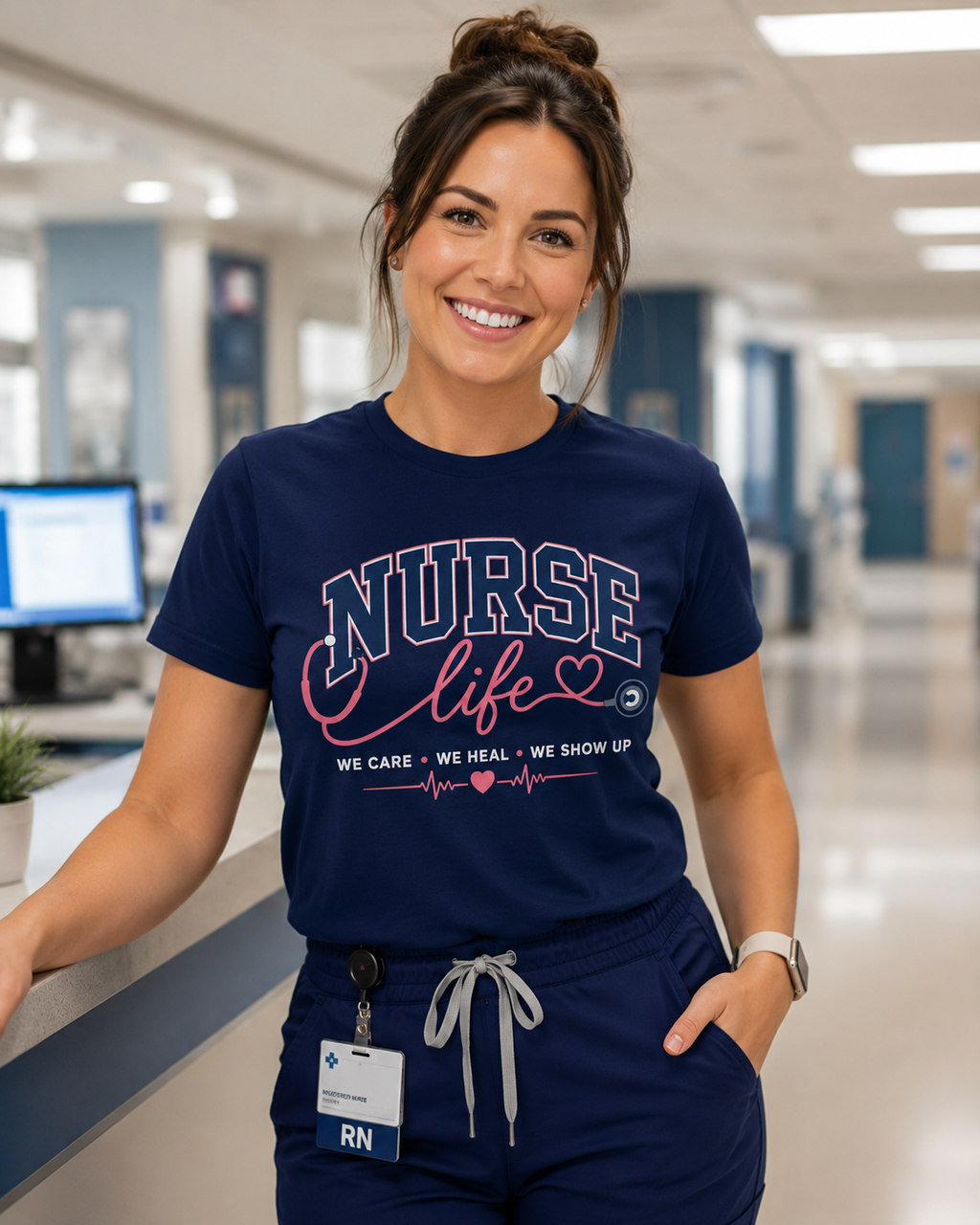 Nurse wearing a navy blue 'NURSE life' t-shirt in a hospital setting