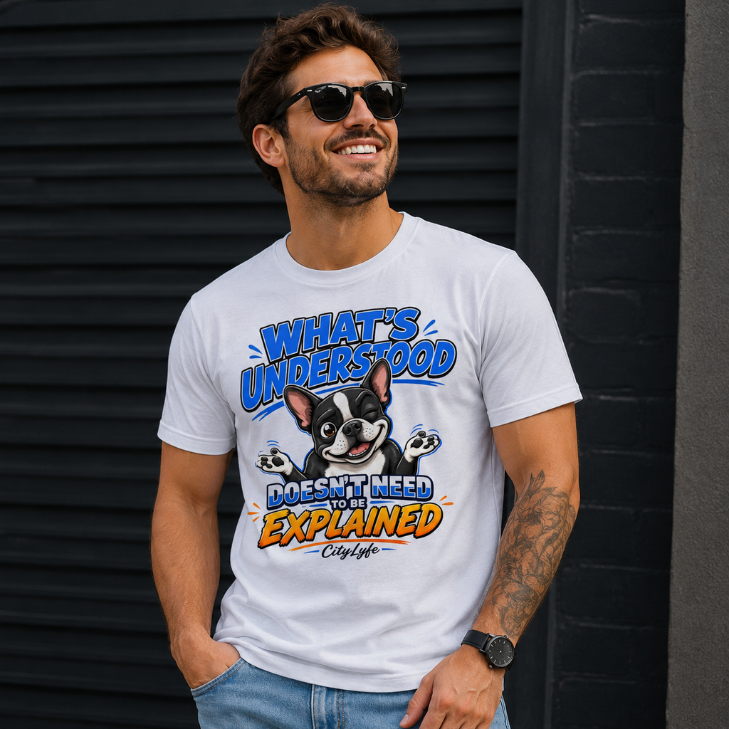 Man wearing a t-shirt with a cartoon dog graphic and text against a black background