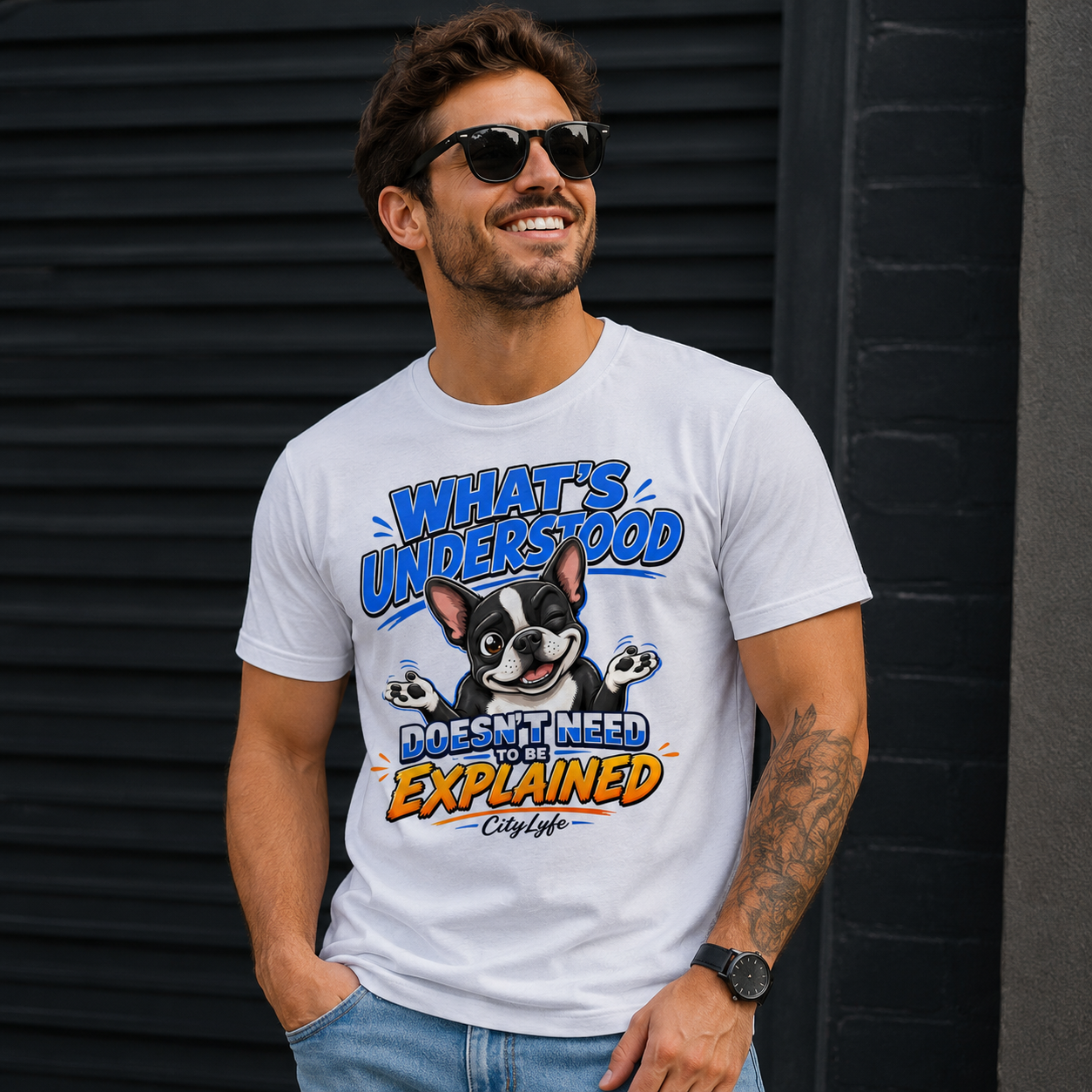 Man wearing a t-shirt with a cartoon dog graphic and text against a black background